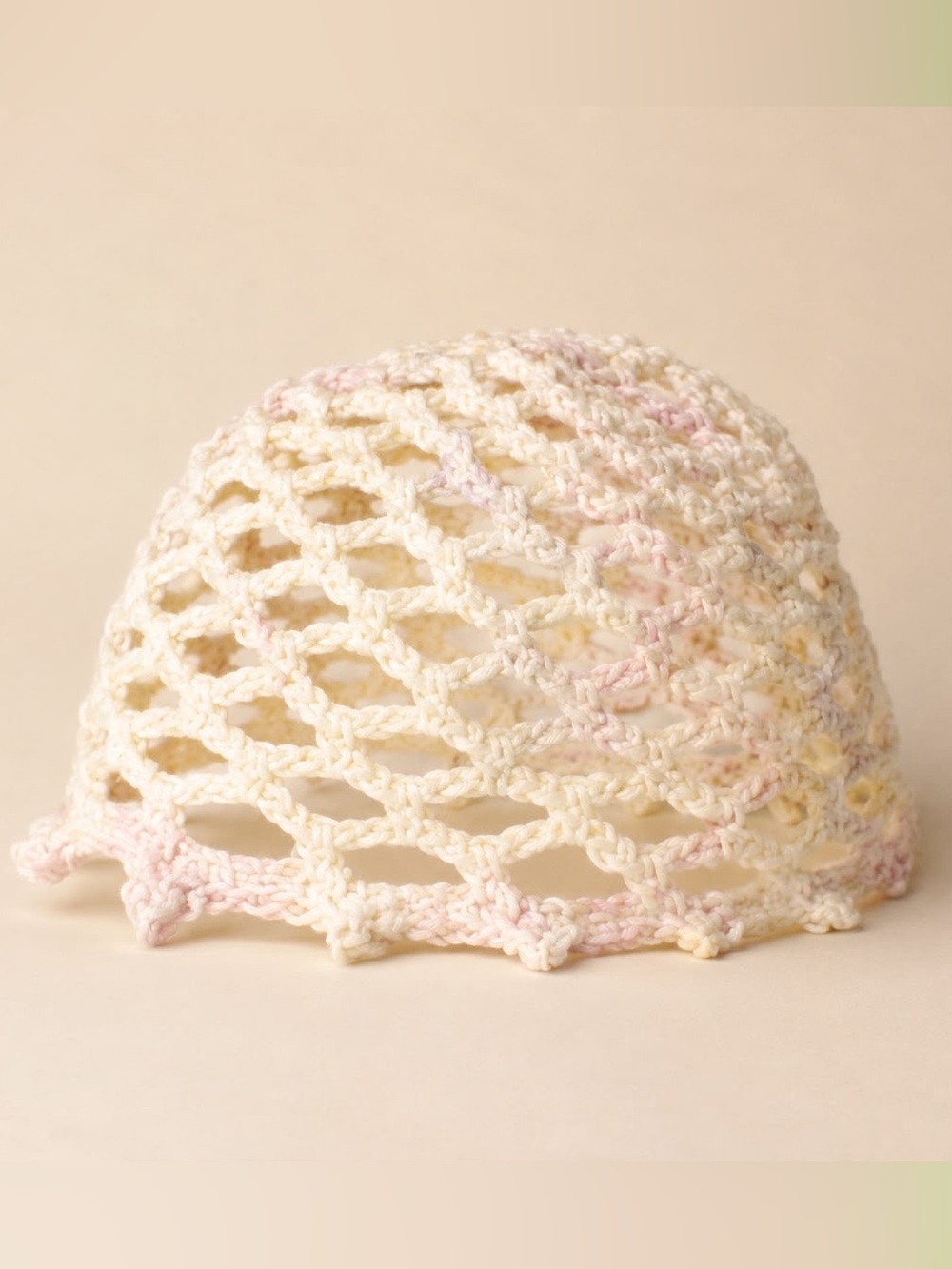 Handmade Crochet Mesh Beanie in Cream with Pastel Accents